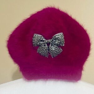 Raspberry Angora Beret with Rhinestone Bow